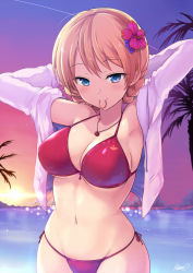 Rule 34 | 1girl, arms behind head, beach, bikini, blonde hair, blue eyes, blush, braid, breasts, cleavage, closed mouth, cowboy shot, darjeeling (girls und panzer), flower, girls und panzer, hair flower, hair ornament, hair tie in mouth, highres, jacket, jewelry, kasai shin, looking at viewer, medium breasts, mouth hold, navel, necklace, ocean, open clothes, open jacket, palm tree, red bikini, side-tie bikini bottom, solo, sunset, swimsuit, tree, water, white jacket
