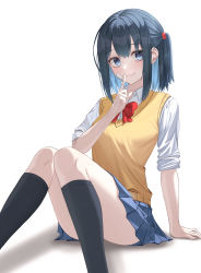 Rule 34 | 1girl, absurdres, arm support, bandaid, bandaid on cheek, bandaid on face, black hair, black socks, blue skirt, bow, bowtie, brown vest, collared shirt, copyright request, feet out of frame, green eyes, grey shirt, highres, kneehighs, medium hair, pleated skirt, red bow, red bowtie, shirt, short sleeves, side ponytail, simple background, sitting, skirt, socks, solo, thighs, vest, white background, ximya