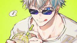 Rule 34 | 1boy, :q, blue eyes, closed mouth, colored eyelashes, cup, drinking straw, gojou satoru, green background, hair between eyes, holding, holding cup, jujutsu kaisen, looking at viewer, male focus, musical note, one eye closed, shibuki kamone, shirt, short hair, simple background, sketch, solo, speech bubble, sunglasses, tongue, tongue out, upper body, white hair, white shirt