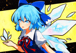 Rule 34 | 1girl, bad id, bad pixiv id, blue bow, blue dress, blue eyes, blue hair, bow, breasts, cirno, collared shirt, detached wings, dress, frilled dress, frills, hair bow, looking at viewer, medium hair, neck ribbon, outstretched arm, outstretched hand, pinafore dress, puffy short sleeves, puffy sleeves, qqqrinkappp, red ribbon, ribbon, shirt, short sleeves, sleeveless dress, small breasts, solo, tongue, tongue out, touhou, traditional media, upper body, v-shaped eyebrows, white shirt, wings, yellow background