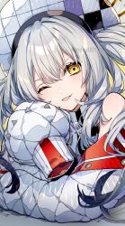 Rule 34 | 1girl, fate/grand order, fate (series), grey hair, hat, jacket, marie antoinette (alter) (fate), marie antoinette (fate), moru, one eye closed, sleeves past fingers, sleeves past wrists, studded jacket, tongue, tongue out, twintails, twitter username, white jacket, yellow eyes