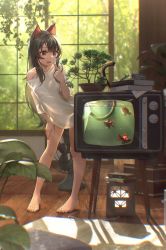 Rule 34 | 1girl, absurdres, animal ears, bare legs, barefoot, black hair, blue eyes, blush, bonsai, book, breasts, cat ears, cat girl, cat tail, commentary request, day, drooling, electric fan, fangs, feet, fish, fish tank, full body, hand on own cheek, hand on own face, hand on own thigh, highres, indoors, joeychen, leaning forward, long hair, looking at animal, mouth drool, off shoulder, original, plant, potted plant, shirt, single bare shoulder, skin fangs, solo, standing, tail, tail raised, television, tree, very long hair, white shirt, window, wooden floor