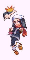 Rule 34 | 1girl, akari (pokemon), beanie, black hair, black shirt, creatures (company), cyndaquil, elricflavia, frown, full body, game freak, gen 2 pokemon, grey eyes, hat, holding, holding poke ball, long hair, nintendo, pixel art, poke ball, poke ball (basic), pokemon, pokemon legends: arceus, red scarf, scarf, shirt, simple background, solo, white background, white hat