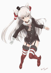 Rule 34 | 10s, 1girl, amatsukaze (kancolle), choker, female focus, highres, kantai collection, long hair, looking at viewer, oonuma hiroshi, simple background, solo, thighs, white background, white hair