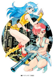 Rule 34 | 1980s (style), 2girls, agahari, blue eyes, blue hair, boots, breasts, building, cleavage, copyright name, dirty pair, gloves, headband, kei (dirty pair), knee boots, legs, long hair, looking at viewer, midriff, multiple girls, navel, oldschool, one eye closed, red eyes, red hair, retro artstyle, rocket launcher, smile, weapon, wink, yuri (dirty pair)