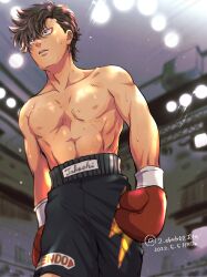 Rule 34 | 1boy, abs, black shorts, boxer, boxing gloves, brown hair, hajime no ippo, highres, looking afar, male focus, muscular, muscular male, okntr, sendou takeshi, shorts, solo, sweat, topless male