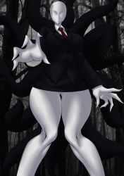 Rule 34 | 1girl, absurdres, breasts, colored skin, faceless, faceless female, forest, formal, genderswap, genderswap (mtf), gluteal fold, highres, kyelyn, large breasts, long sleeves, monster girl, nature, necktie, outdoors, pencil skirt, skirt, slender man, solo, suit, thick thighs, thigh gap, thighs, tree, white skin