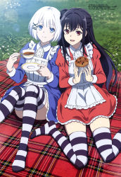 Rule 34 | 2girls, :d, absurdres, apron, black hair, blanket, blue dress, blue eyes, blunt bangs, brown eyes, closed mouth, clothes lift, collared dress, cup, dress, food, grass, hair between eyes, highres, holding, holding cup, holding food, kameyama chinatsu, lens flare, looking at viewer, megami magazine, muffin, multiple girls, natsunagi nagisa, official art, open mouth, plaid, red dress, scan, siesta (tantei wa mou shindeiru), sitting, skirt, skirt lift, smile, striped clothes, striped legwear, striped thighhighs, tantei wa mou shindeiru, thighhighs, wariza, white hair