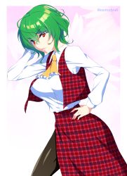 Rule 34 | 1girl, absurdres, arm behind head, ascot, black pantyhose, breasts, commentary request, green hair, hand on own hip, highres, kazami yuuka, large breasts, long sleeves, looking at viewer, mattari yufi, pantyhose, plaid, plaid skirt, plaid vest, red eyes, short hair, skirt, solo, touhou, twitter username, vest, white background