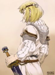 Rule 34 | 1boy, abiru takahiko, armor, beard, beige background, blonde hair, canute, chainmail, facial hair, from side, highres, holding, holding sword, holding weapon, hood, japanese text, king, male focus, medium hair, official art, signature, simple background, solo, sword, viking, vinland saga, weapon