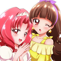 Rule 34 | 2girls, :d, ;o, absurdres, akagi towa, alternate eye color, amanogawa kirara, bad id, bad pixiv id, blush, brown eyes, brown hair, earrings, go! princess precure, highres, jewelry, long hair, looking at viewer, multiple girls, one eye closed, open mouth, own hands together, parted bangs, precure, puffy sleeves, red hair, sharumon, shiny skin, shirt, short hair, smile, star (symbol), star earrings, upper body, white background, white shirt, yellow shirt