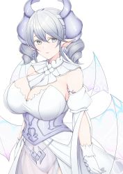 Rule 34 | 1girl, armlet, arms at sides, between breasts, breasts, cleavage, closed mouth, cowboy shot, demon wings, detached collar, detached sleeves, dress, drill hair, duel monster, earrings, etan14, garter straps, gloves, grey hair, hair between eyes, highres, horns, jewelry, large breasts, leotard, leotard under clothes, looking at viewer, lovely labrynth of the silver castle, low wings, pointy ears, see-through, simple background, solo, twin drills, twintails, underbust, white background, white dress, white gloves, white wings, wings, yu-gi-oh!, yu-gi-oh! duel monsters