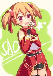 Rule 34 | 10s, 1girl, bad id, bad pixiv id, brown hair, cupen, fingerless gloves, gloves, highres, red eyes, short hair, short twintails, silica, skirt, solo, sword art online, thighhighs, twintails