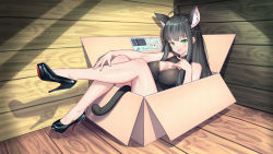 Rule 34 | 1girl, absurdres, ahoge, animal ears, bare shoulders, black hair, blunt bangs, box, braid, breasts, cardboard box, cat ears, cat tail, chinese commentary, cleavage cutout, clothing cutout, dress, extra ears, full body, green eyes, high heels, highres, in box, in container, large breasts, legs up, long hair, nekomata, open mouth, original, pumps, shadow, sitting, solo, strapless, strapless dress, tail, wooden floor, wooden wall, xiaoxi0619