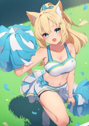 Rule 34 | 1girl, :d, absurdres, animal ears, blonde hair, blue bow, blue eyes, blue skirt, bow, breasts, cat ears, cheerleader, cleavage, collarbone, commentary request, grass, hair bow, hair ornament, heart, heart hair ornament, highres, hinata (user rjkt4745), holding, holding pom poms, looking at viewer, medium breasts, medium hair, midriff, navel, open mouth, original, pom pom (cheerleading), pom poms, ponytail, shoes, skirt, smile, sneakers, solo, two-tone skirt, white footwear, white skirt
