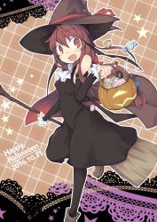 Rule 34 | 1girl, :d, alternate costume, ayase yuuki (mikan mochi), bare shoulders, bat wings, black dress, black legwear, bow, breasts, broom, candy, cape, checkerboard cookie, commentary request, cookie, dated, dress, elbow gloves, english text, food, gloves, halloween, hat, hat bow, head wings, highres, holding, holding broom, jack-o&#039;-lantern, koakuma, long hair, looking at viewer, looking to the side, open mouth, plaid, plaid background, red eyes, red hair, sidelocks, sleeveless, sleeveless dress, small breasts, smile, solo, star (symbol), touhou, white neckwear, wings, witch, witch hat