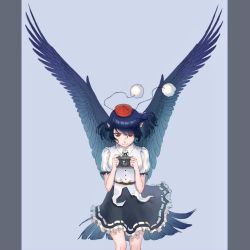 Rule 34 | 1girl, belt, bird wings, black hair, black ribbon, black skirt, black wings, brown belt, camera, channel ikihaji, closed mouth, collared shirt, commentary request, cowboy shot, feathered wings, frilled skirt, frills, happy, hat, holding, holding camera, pointy ears, pom pom (clothes), puffy short sleeves, puffy sleeves, red eyes, red hat, ribbon, shameimaru aya, shirt, short hair, short sleeves, skirt, smile, tokin hat, touhou, white shirt, wings