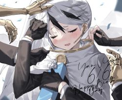 Rule 34 | 1boy, birthday, black gloves, blush, cape, closed eyes, earpiece, formal, gift, gloves, headpat, library of ruina, long sleeves, maratang, mechanical arms, multicolored hair, ponytail, project moon, suit, white background, white cape, white hair, yan vismok