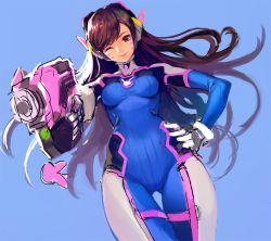 Rule 34 | 1girl, ;), aiming, aiming at viewer, animal print, armor, blue bodysuit, bodysuit, bracer, breasts, brown eyes, brown hair, charm (object), chkuyomi, closed mouth, cowboy shot, d.va (overwatch), facepaint, facial mark, gloves, gun, hand on own hip, handgun, headphones, high collar, holding, holding gun, holding weapon, long sleeves, matching hair/eyes, medium breasts, one eye closed, overwatch, overwatch 1, pauldrons, pilot suit, pink lips, pointing, pointing at viewer, rabbit print, ribbed bodysuit, shoulder armor, shoulder pads, simple background, skin tight, smile, solo, swept bangs, thigh gap, thigh strap, weapon, whisker markings, white gloves