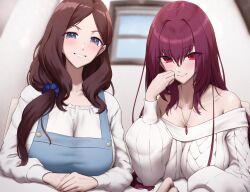 Rule 34 | 2girls, apron, bare shoulders, blue apron, blue eyes, breasts, brown hair, cleavage, closed mouth, collarbone, elbow rest, fate/grand order, fate (series), grin, hair over shoulder, highres, jewelry, large breasts, leonardo da vinci (fate), looking at viewer, multiple girls, off-shoulder sweater, off shoulder, pendant, purple hair, red eyes, scathach (fate), scrunchie, shiroshisu, smile, sweater, upper body