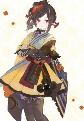 Rule 34 | 1girl, asa (1asa-0-asa1), black gloves, chiori (genshin impact), feet out of frame, genshin impact, gloves, grey kimono, haori, highres, japanese clothes, kimono, looking at viewer, open clothes, pleated skirt, short sleeves, skirt, smile, solo, standing, yellow skirt