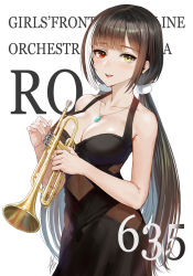 Rule 34 | 1girl, alternate costume, bad id, bad pixiv id, black dress, black hair, blush, breasts, character name, cleavage, collarbone, dress, gem, girls&#039; frontline, heterochromia, holding, holding instrument, instrument, jewelry, long hair, looking at viewer, low twintails, medium breasts, multicolored hair, necklace, open mouth, purple gemstone, red eyes, ro635 (girls&#039; frontline), sidelocks, signature, simple background, smile, solo, streaked hair, taesi, trumpet, twintails, white background, white hair, yellow eyes