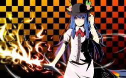 Rule 34 | 1girl, blue hair, checkered background, female focus, fire, food, fruit, gayprince, hat, highres, hinanawi tenshi, peach, solo, sword, sword of hisou, touhou, weapon