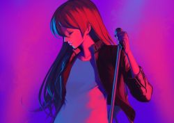 Rule 34 | 1girl, blue hair, bon nob, closed eyes, hair between eyes, holding, holding microphone, jacket, long hair, love live!, love live! school idol project, microphone, microphone stand, shirt, simple background, solo, sonoda umi