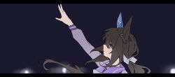 Rule 34 | 1girl, admire vega (umamusume), animal ears, arm up, black hair, blurry, blurry background, horse ears, letterboxed, long hair, long sleeves, looking up, nanaheibei 3, outstretched arm, parted lips, ponytail, purple shirt, sailor collar, school uniform, shirt, sideways mouth, solo, tracen school uniform, umamusume, upper body