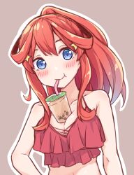 Rule 34 | 1girl, :t, bare arms, bare shoulders, bikini, blue eyes, blush, breast curtains, breasts, brown background, bubble tea challenge, cleavage, collarbone, commentary, drinking straw, drinking straw in mouth, eyebrows hidden by hair, go-toubun no hanayome, hair between eyes, hair ornament, hair over shoulder, highres, large breasts, long hair, midriff, nakano itsuki, navel, ponytail, profnote, red bikini, red hair, sidelocks, simple background, smile, solo, star (symbol), star hair ornament, swimsuit, upper body, very long hair