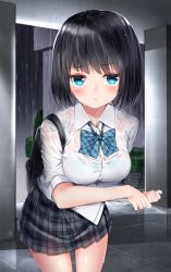 Rule 34 | 1girl, :t, backpack, bag, black hair, blue eyes, blush, breasts, closed mouth, collared shirt, commentary request, dress shirt, grey skirt, highres, looking at viewer, medium breasts, neku (neku draw), original, outdoors, plaid, plaid skirt, pleated skirt, pout, rain, school uniform, see-through, shirt, short hair, skirt, solo, wet, wet clothes, wet shirt, wringing clothes