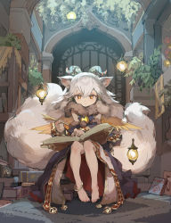 Rule 34 | 1girl, animal ears, anklet, barefoot, book, demon horns, detached sleeves, feathered wings, fur trim, hair tubes, highres, horns, ilmina (p&amp;d), jewelry, library, multiple tails, puzzle &amp; dragons, tail, tennohi, white hair, wings, yellow eyes