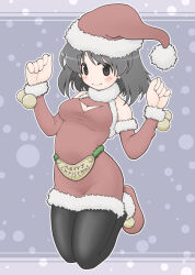 Rule 34 | 1girl, black eyes, black hair, black pantyhose, bob cut, christmas, closed mouth, commentary request, detached sleeves, dress, floating, full body, fur-trimmed dress, fur-trimmed footwear, fur-trimmed sleeves, fur trim, girls und panzer, hat, inatomi hibiki, legs up, looking at viewer, merry christmas, pantyhose, partial commentary, red dress, red footwear, red hat, red sleeves, santa dress, santa hat, shoes, short dress, short hair, smile, solo, w arms, yunji