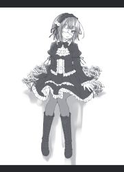 Rule 34 | 1girl, absurdres, black dress, black footwear, black hairband, boots, cross-laced footwear, dress, eyeball hair ornament, eyepatch, flower, frilled dress, frills, gothic lolita, greyscale, hairband, highres, invisible chair, knee boots, knees together feet apart, kyuutou (kyuutouryuu), lace-up boots, lolita fashion, long sleeves, looking at viewer, monochrome, necktie, original, rose, shadow, short hair, sitting, solo, white background
