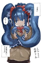 Rule 34 | 1girl, blue eyes, blue hair, blunt bangs, closed mouth, expressionless, highres, locked tentacles, long hair, megame (okbnkn), mizudako-chan (okbnkn), original, pleated skirt, school uniform, simple background, skirt, solo, suction cups, tentacle hair, tentacles, translation request, very long hair, white background