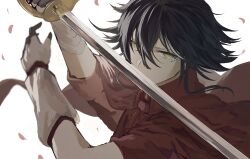 Rule 34 | 1boy, absurdres, asymmetrical sleeves, bandaged arm, bandages, black hair, bungou stray dogs, cloak, facial mark, hands up, highres, holding, holding sword, holding weapon, jacket, jellyfish sz, looking at viewer, male focus, red cloak, red jacket, short hair, solo, suehiro tetchou (bungou stray dogs), sword, uneven sleeves, weapon, white background, yellow eyes