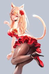 Rule 34 | 1girl, absurdres, animal ear fluff, animal ears, backless dress, backless outfit, bad id, bad twitter id, black footwear, breasts, cat ears, cat girl, cat tail, choker, cleavage, dress, flower, frilled dress, frills, hair flower, hair ornament, high heels, highres, jewelry, lipstick, long hair, looking at viewer, makeup, original, pantyhose, paw pose, red dress, red eyes, rose, sideboob, simple background, solo, standing, standing on one leg, strappy heels, tail, zerocat
