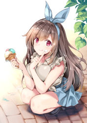 Rule 34 | 1girl, beige shirt, black footwear, blue bow, blue skirt, blush, bow, breasts, brick road, brown hair, collared shirt, commentary request, food, frilled shirt, frills, hair between eyes, hair bow, holding, holding food, ice cream, ice cream cone, idolmaster, idolmaster shiny colors, index finger raised, jewelry, large breasts, leaf, light rays, long hair, looking at viewer, necklace, red eyes, rei (rei&#039;s room), shirt, shoes, skirt, sleeveless, sleeveless shirt, smile, solo, squatting, tongue, tongue out, tsukioka kogane
