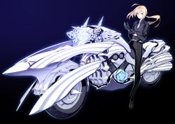 Rule 34 | 1girl, absurdres, ahoge, artoria pendragon (all), artoria pendragon (fate), black gloves, black necktie, blonde hair, fate/zero, fate (series), formal, gloves, glowing, green eyes, highres, long hair, miwa shirow, motor vehicle, motorcycle, necktie, pant suit, pants, ponytail, saber (fate), solo, suit