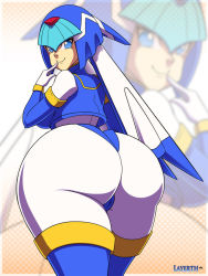 1girl armor ass blue_eyes blue_hair bodysuit boots breasts cameltoe capcom from_behind from_below helmet huge_ass large_breasts layerth fairy_leviathan_(mega_man) looking_at_viewer looking_back mega_man_(series) mega_man_zero_(series) sideboob smile solo thigh_boots thighhighs