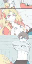 Rule 34 | 1boy, 1girl, azumi (myameco), blonde hair, blue eyes, breasts, brown hair, couple, ereshkigal (fate), fate/grand order, fate (series), fujimaru ritsuka (male), hands on own chest, heart, heart-shaped pupils, long hair, lying, medium breasts, on back, red eyes, red ribbon, ribbon, short hair, symbol-shaped pupils, undressing