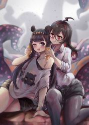 Rule 34 | 2girls, :i, absurdres, ahoge, animal ears, arm support, black hair, black legwear, black shorts, blunt bangs, blurry, blush, casual, collarbone, cowboy shot, depth of field, diamond hairband, dust, enma-chan, glasses, grabbing another&#039;s hair, grey background, highres, hippopotamus ears, hololive, hololive english, knee up, long hair, looking at another, loose necktie, multicolored hair, multiple girls, necktie, ninomae ina&#039;nis, off-shoulder shirt, off shoulder, office lady, one eye closed, pantyhose, playing with another&#039;s hair, purple eyes, red eyes, shirt, shorts, sidelocks, sitting, sleeves pushed up, takodachi (ninomae ina&#039;nis), tentacle grab, tentacle hair, tentacles, thighs, two-tone hair, very long hair, virtual youtuber, vyragami, white shirt, wince, wristband