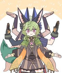 Rule 34 | &gt;:), 1girl, 2boys, ahoge, animal ears, arms up, asymmetrical sleeves, behind another, bridal gauntlets, capelet, closed mouth, collei (genshin impact), cowboy shot, crossed bangs, cyno (genshin impact), dangle earrings, dress, earrings, genshin impact, gloves, green hair, hair between eyes, hair ornament, hands up, highres, himeko (nico6v6pachi), jewelry, long hair, long sleeves, looking at viewer, multiple boys, outstretched hand, pink eyes, puffy long sleeves, puffy sleeves, ring, scarf, short dress, short sleeves, smile, straight-on, tail, tan, thighhighs, tighnari (genshin impact), v-shaped eyebrows