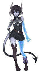 Rule 34 | 1girl, absurdres, armor, asymmetrical arms, asymmetrical clothes, asymmetrical limbs, black hair, black sclera, blue eyes, boots, broken horn, colored sclera, colored skin, commentary request, contrapposto, fantasy, full body, gauntlets, hand on own hip, highres, horns, looking at viewer, monster girl, multiple horns, original, purple skin, short hair, single gauntlet, single thigh boot, single thighhigh, slime (substance), slit pupils, solo, standing, tail, thigh boots, thighhighs, white background, yuritopia