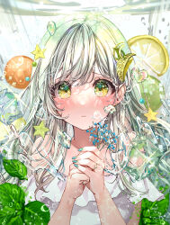 Rule 34 | 1girl, air bubble, bare shoulders, blue nails, bubble, commentary request, dress, frilled dress, frills, green eyes, greythroat (arknights), hands up, highres, holding, long hair, looking at viewer, off-shoulder dress, off shoulder, original, own hands together, parted lips, puracotte, solo, underwater, upper body, water, white dress