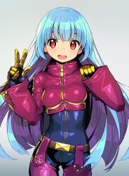 Rule 34 | 1girl, :d, belt, blue hair, blush, breasts, gloves, kula diamond, long hair, looking at viewer, medium breasts, onono imoko, open mouth, red eyes, simple background, smile, snk, solo, the king of fighters, very long hair, w