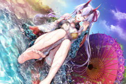 Rule 34 | 1girl, ;d, bare legs, barefoot, blue sky, blush, breasts, china dress, chinese clothes, cloud, commentary request, day, detached sleeves, dress, fate/grand order, fate (series), feet, frilled sleeves, frills, grey hair, hair between eyes, hair ribbon, hand up, heroic spirit traveling outfit, highres, horns, knees up, large breasts, long hair, long sleeves, mintes, oil-paper umbrella, one eye closed, oni horns, open mouth, outdoors, pink ribbon, red eyes, ribbon, river, side ponytail, sitting, sky, smile, soles, solo, splashing, sunlight, toenails, toes, tomoe gozen (fate), tomoe gozen (traveling outfit) (fate), umbrella, very long hair, water, wet, white dress, wide sleeves