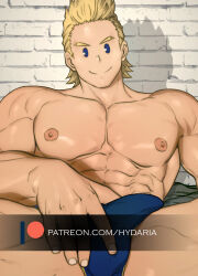 Rule 34 | 1boy, abs, bara, blonde hair, blue eyes, blue male underwear, boku no hero academia, brick wall, briefs, bulge, cowboy shot, crotch grab, erection, erection under clothes, facial hair, hydaria, large pectorals, looking at viewer, male focus, male underwear, muscular, muscular male, navel, nipples, pac-man eyes, paid reward available, pectorals, short hair, sideburns stubble, sitting, smile, solo, spiked hair, stomach, stubble, togata mirio, topless male, underwear, watermark
