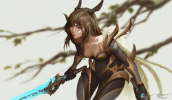 Rule 34 | 1girl, armor, bent over, bodysuit, branch, breasts, brown hair, cleavage, commentary, covered navel, dao trong le, detached sleeves, dual wielding, elbow gloves, english commentary, fur trim, gloves, glowing, glowing sword, glowing weapon, grey background, hair tubes, highres, holding, holding sword, holding weapon, horns, leaning forward, long hair, medium breasts, original, signature, sword, tree, weapon, yellow eyes