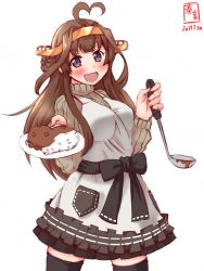 Rule 34 | 10s, 1girl, :d, ahoge, alternate costume, apron, blush, brown hair, commentary request, curry, curry rice, dated, double bun, food, grey eyes, hair bun, hairband, heart, heart-shaped food, heart ahoge, highres, holding, kanon (kurogane knights), kantai collection, kongou (kancolle), ladle, long hair, looking at viewer, open mouth, plate, pleated skirt, ribbed sweater, rice, simple background, sketch, skirt, smile, solo, sweater, thighhighs, zettai ryouiki